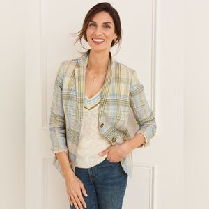 Talbots Madras Pastel Plaid Blazer Jacket Size 14 Linen Preppy Coastal Beach